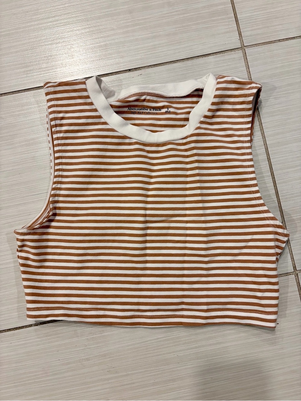 Abercrombie & Fitch Brown and White Striped Sleeveless Muscle Cropped Tank Top